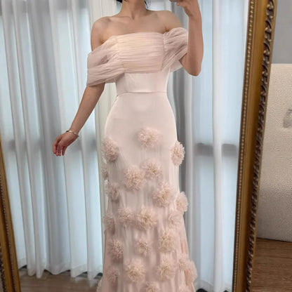 Elegant Pink 3D Flower Off-the-Shoulder Mermaid Evening dress LA72943
