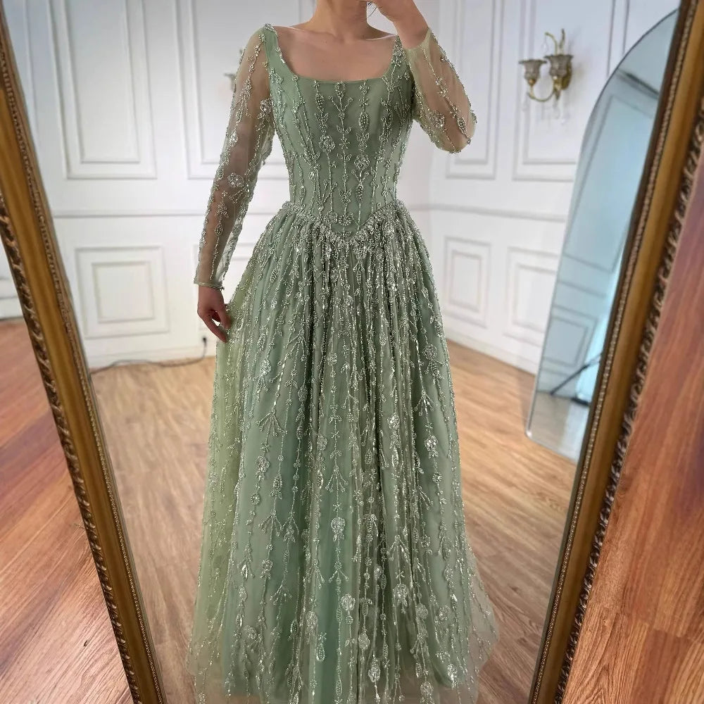 Modest Sage Green Beaded Evening Dress with Long Sleeve LA72805B