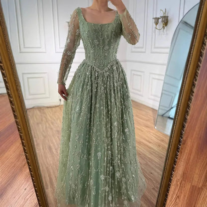 Modest Sage Green Beaded Evening Dress with Long Sleeve LA72805B