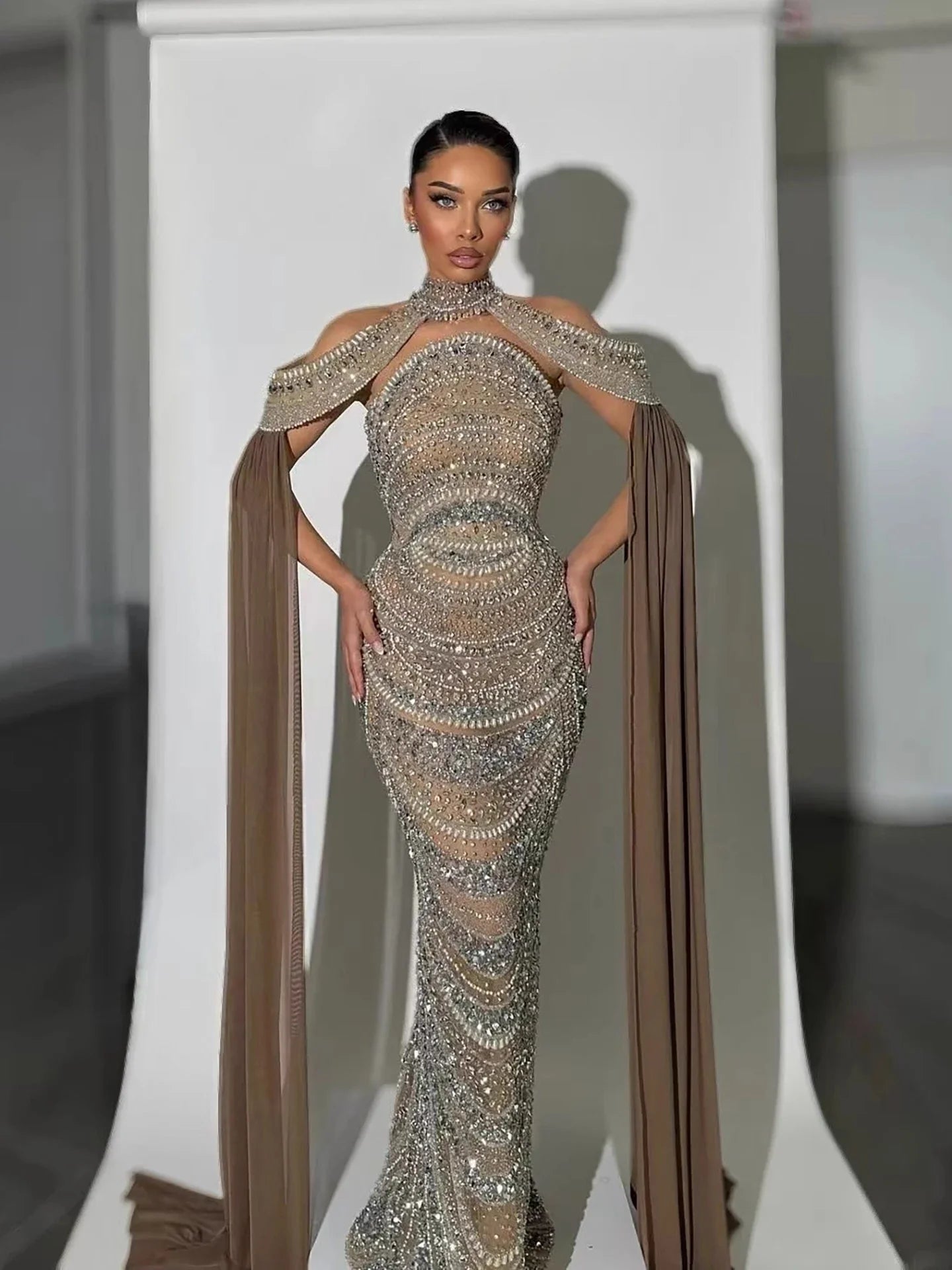 Luxury Caramel Kosovo Style Beaded Evening Dress with Cape LA73344