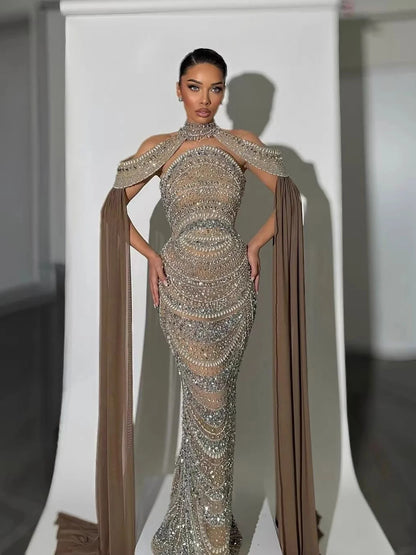 Luxury Caramel Kosovo Style Beaded Evening Dress with Cape LA73344