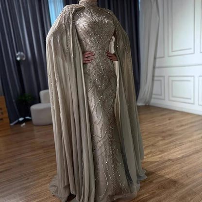 Luxury Modest Pink Evening Dress with Cape Long Sleeves Gown LA72413A