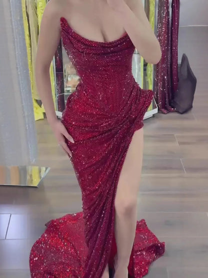 Gold Beaded Evening Dress with High Slit Sexy Gown LA73390