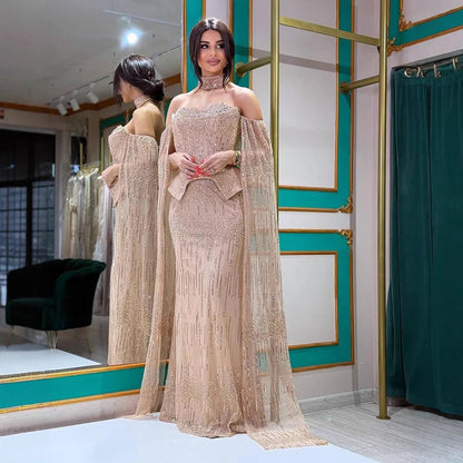 Luxury Gray Beaded Evening Dress with Detachable Sleeves LA73076