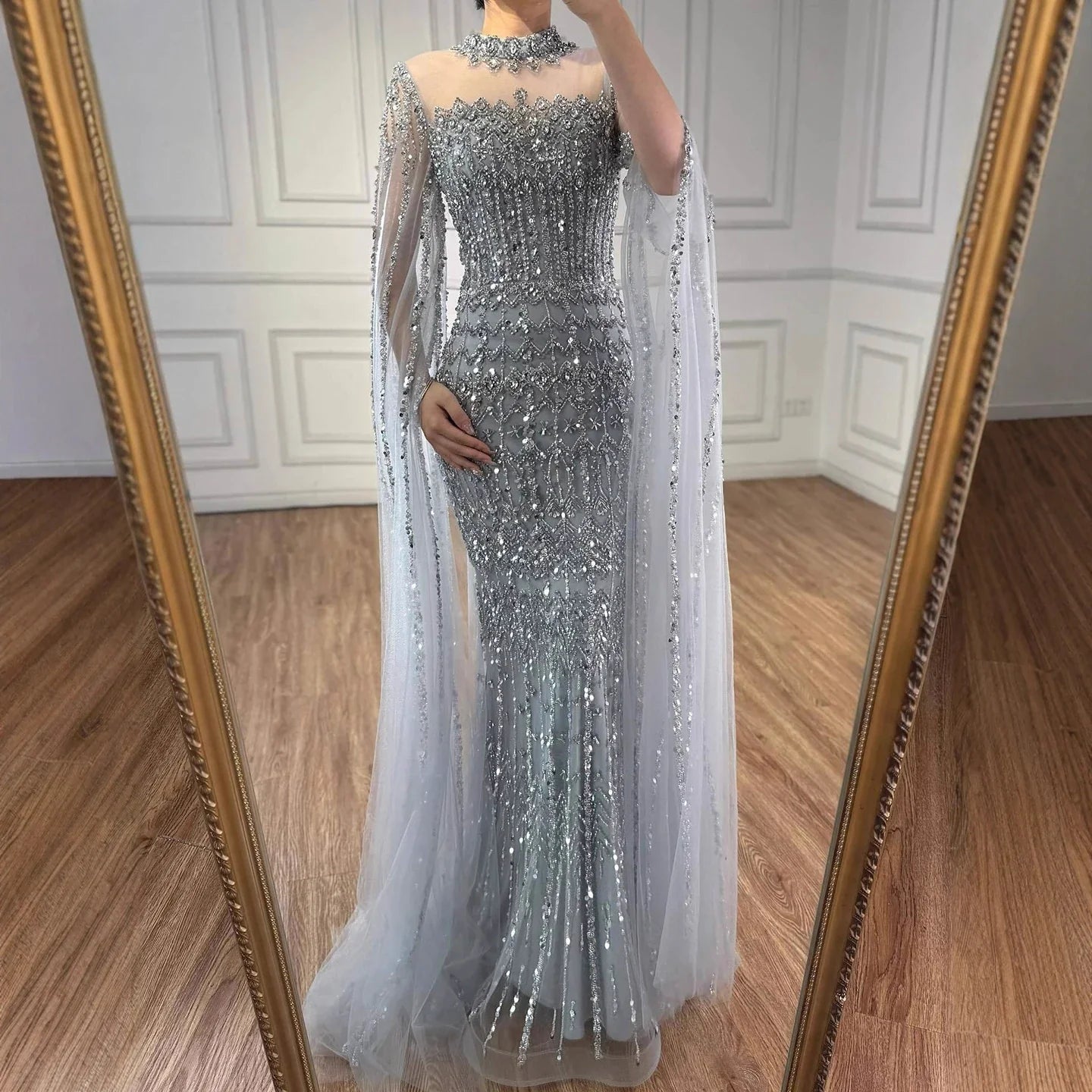 Nude Hand-Beading Evening Dress Cape Sleeve for Formal Night Wedding Party LA72714A