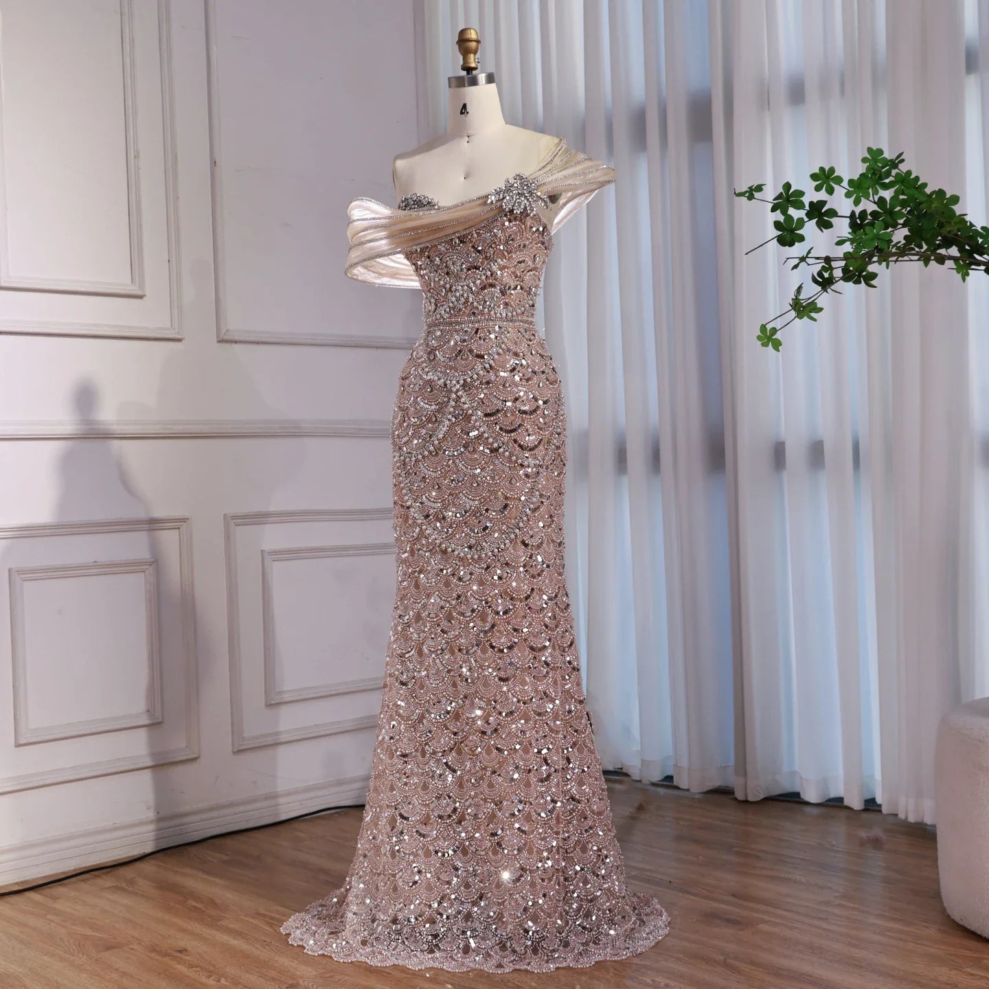 Nude Heady Beaded Off-the-Shoulder Mermaid Evening Dress LA73365A