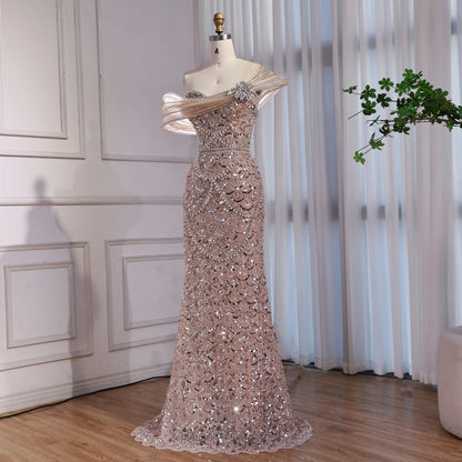 Nude Heady Beaded Off-the-Shoulder Mermaid Evening Dress LA73365A