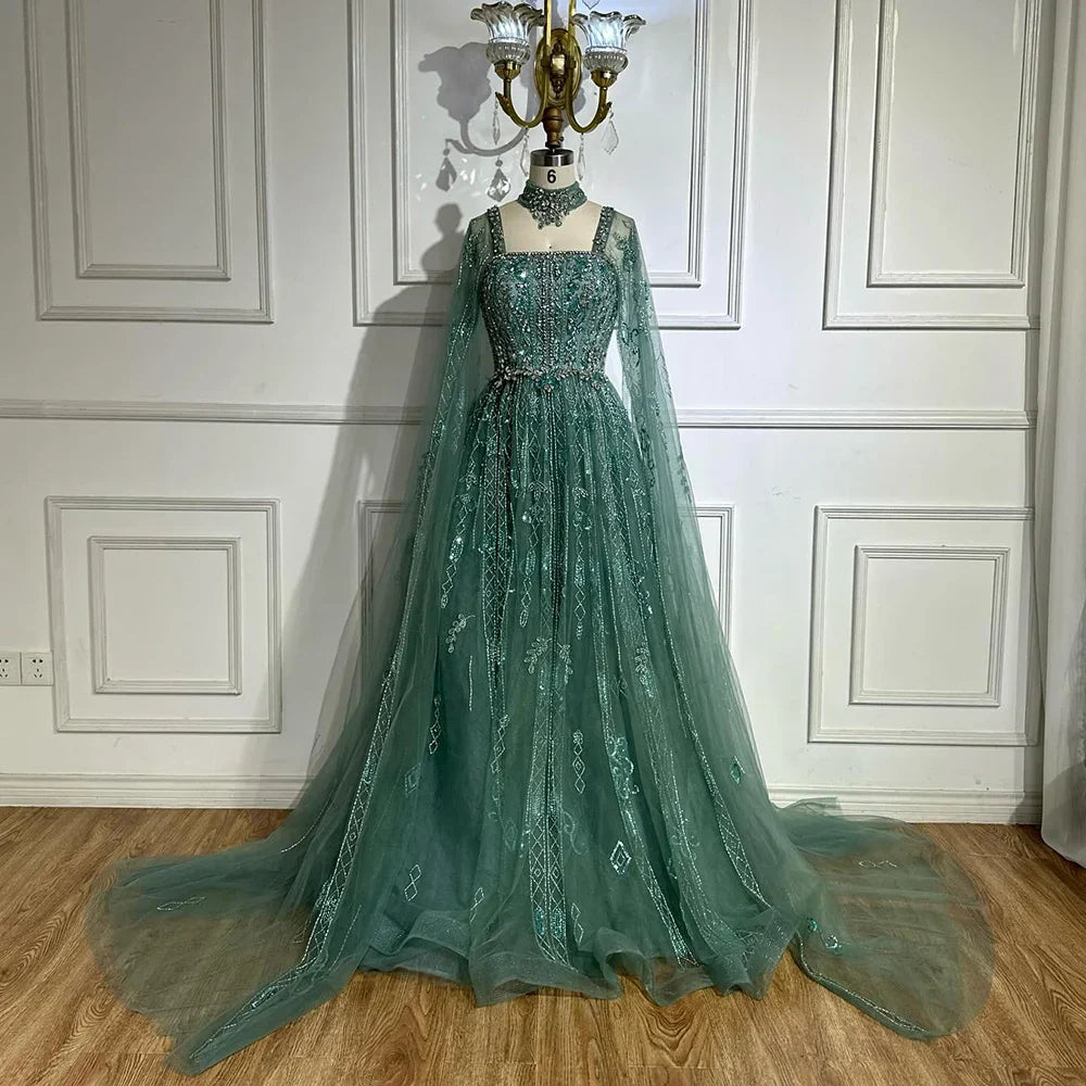 Luxury Cape Sleeve Nude A-Line Crystal Beaded Arabic Evening Dress LA72764