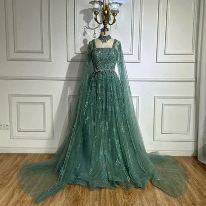 Luxury Cape Sleeve Nude A-Line Crystal Beaded Arabic Evening Dress LA72764
