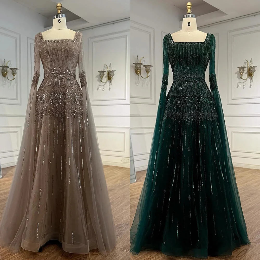 Green A-Line Beaded Evening Dress with Cape Sleeves LA73089