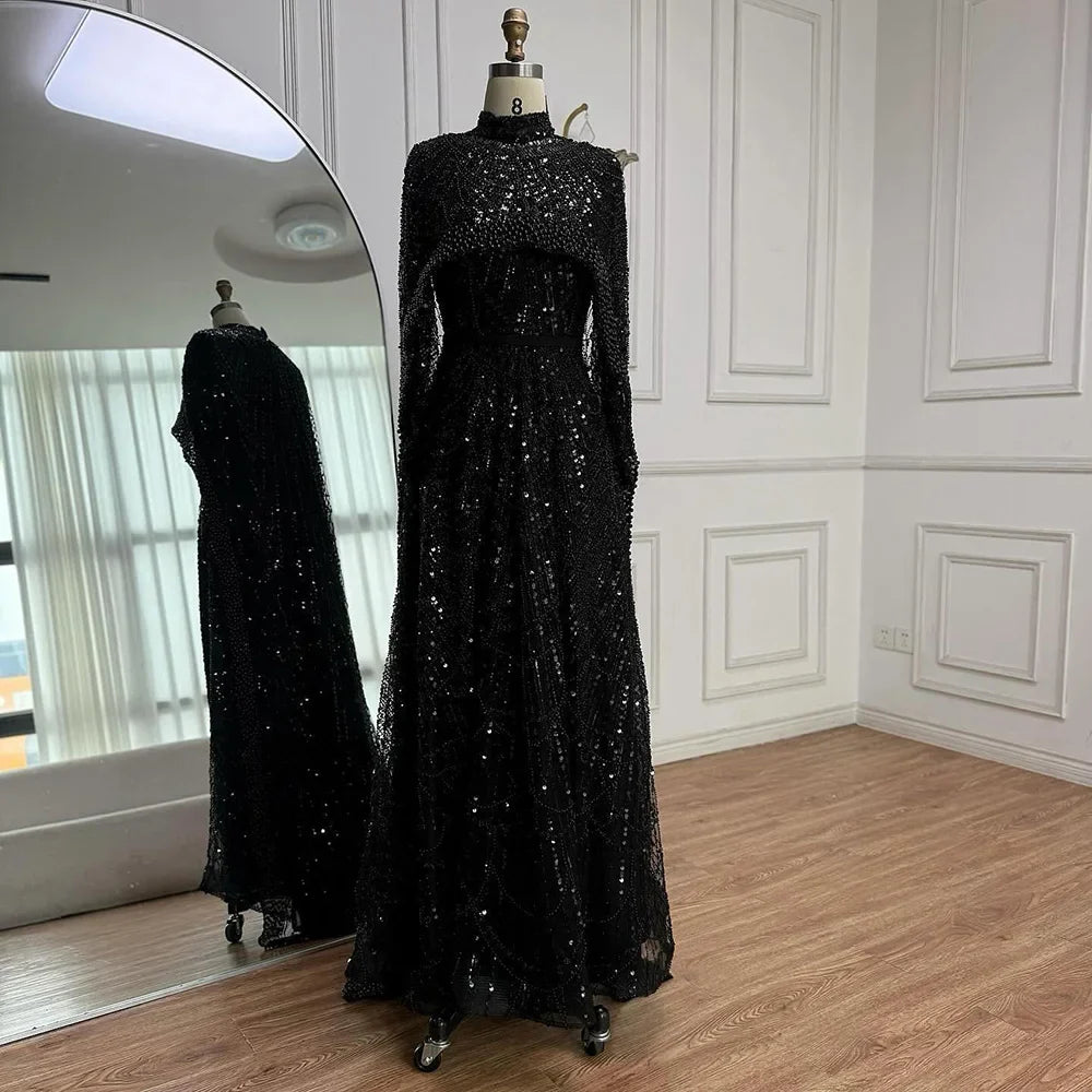 Luxury Modest Pink A-Line Evening Dress with Pearl and Cape LA72032B