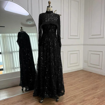 Luxury Modest Pink A-Line Evening Dress with Pearl and Cape LA72032B