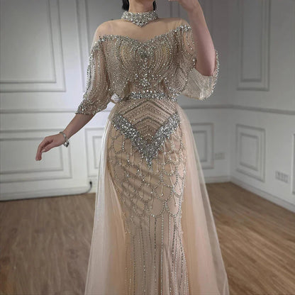 Luxury Nude Beaded Sleeveless Evening Dress with Cape LA73129