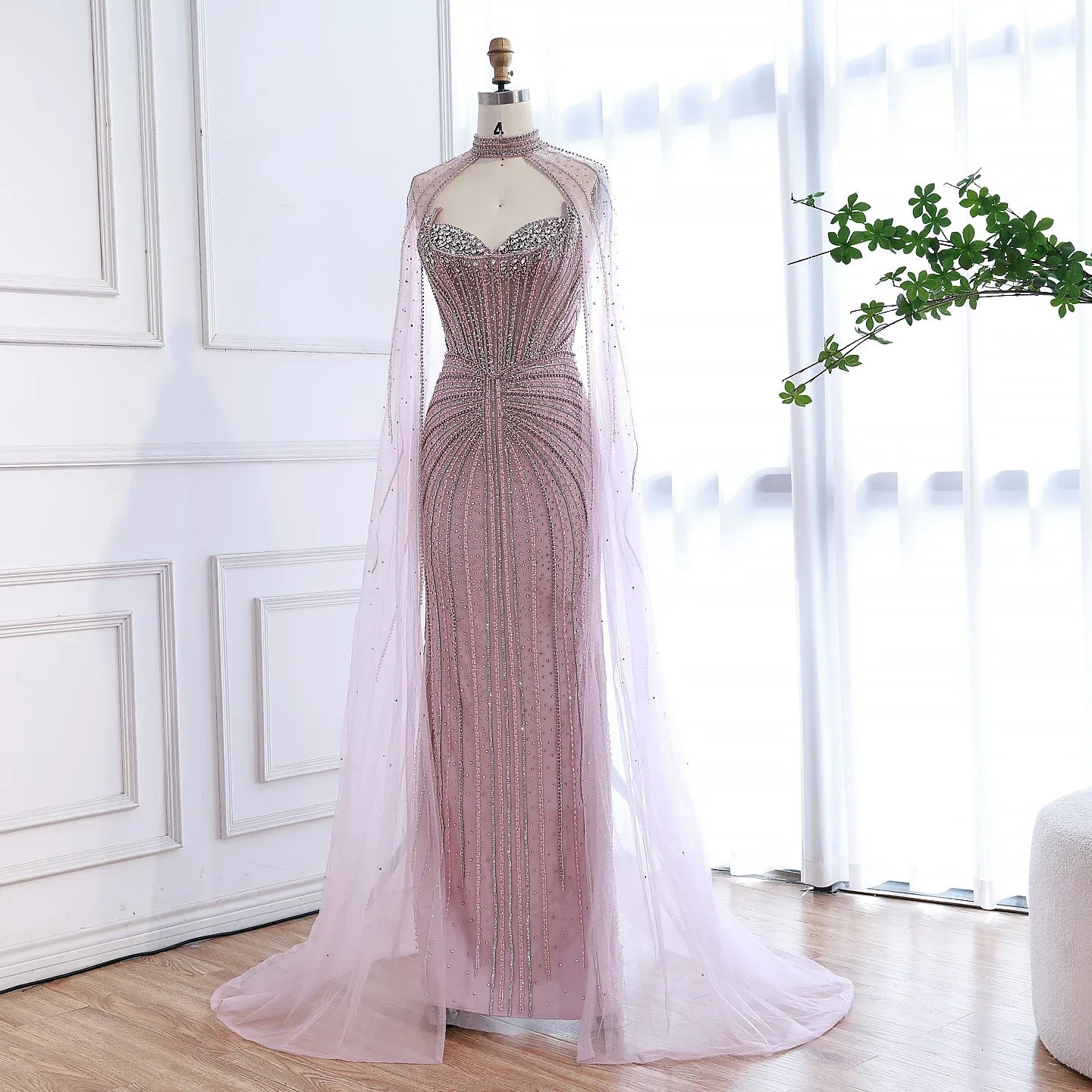 Caramel Beaded Mermaid Luxury Evening Dress with Detachable Cape LA72811C
