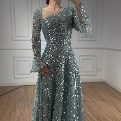 Luxury Turquoise Beaded A-Line Long Sleeve Evening Dress LA73177