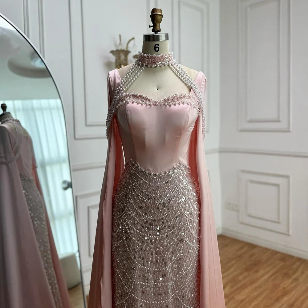 Pink Sweetheart Pearls Beaded Evening Dress with Cape Sleeve LA73051