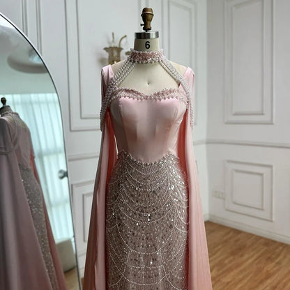 Pink Sweetheart Pearls Beaded Evening Dress with Cape Sleeve LA73051