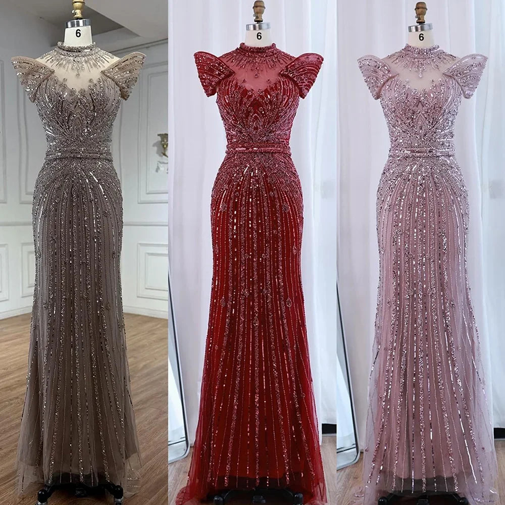 Saudi Arabic Modest High Neck Caramel Mermaid Beaded Evening Dress LA73082