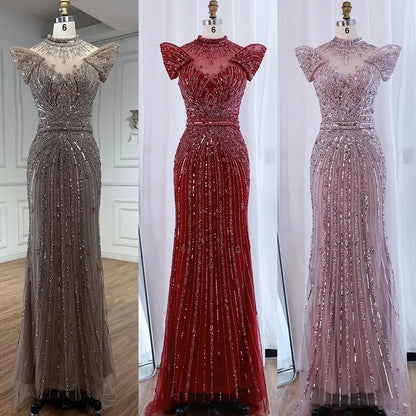 Saudi Arabic Modest High Neck Caramel Mermaid Beaded Evening Dress LA73082