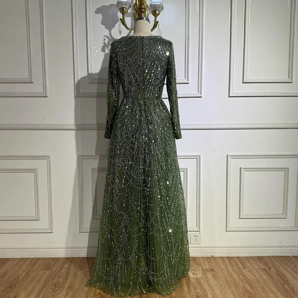 Olive Green Beaded A-Line Modest Evening Dress Plus Size LA72738B