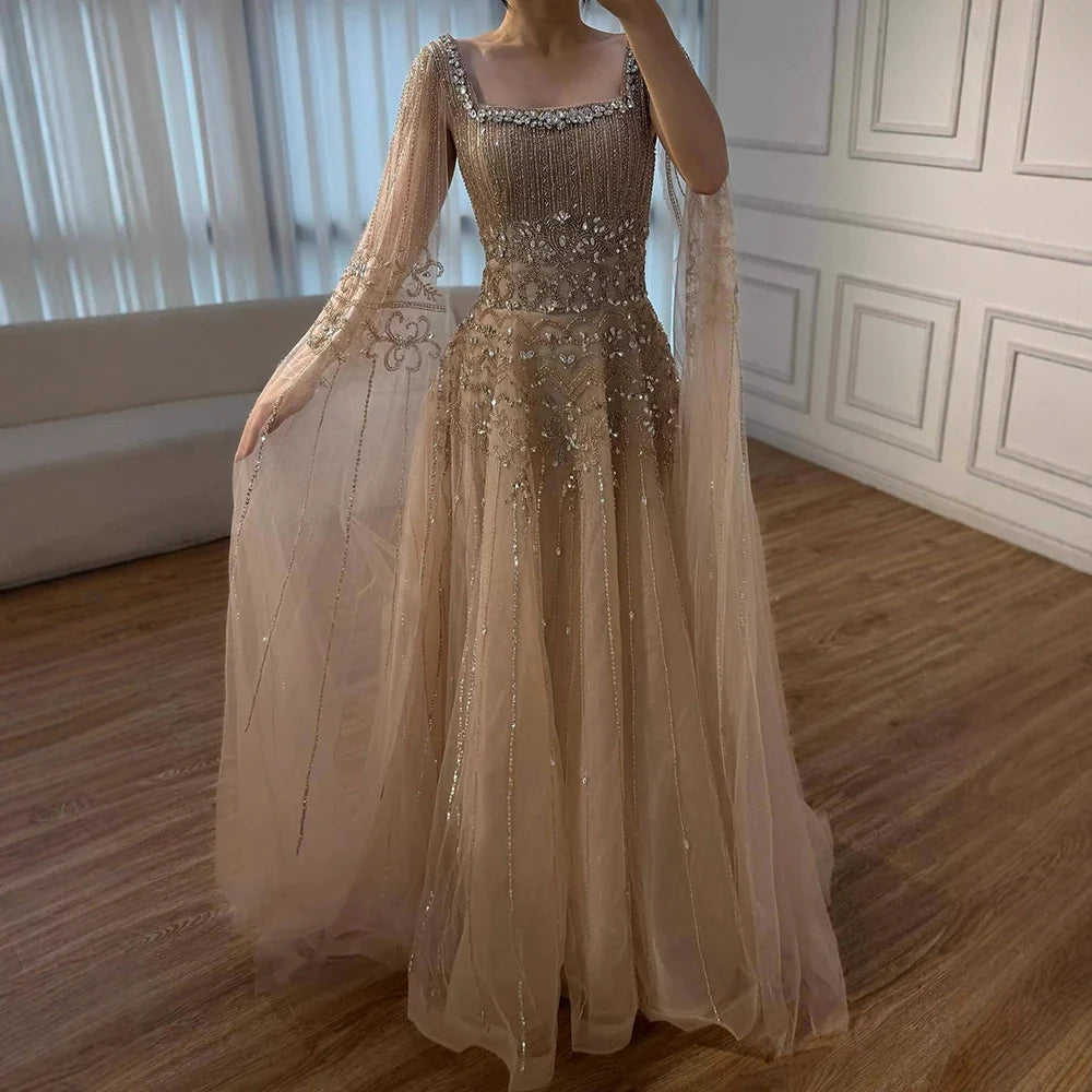 Caramel Beaded A-Line Evening Dress with Cape Sleeves LA73089A