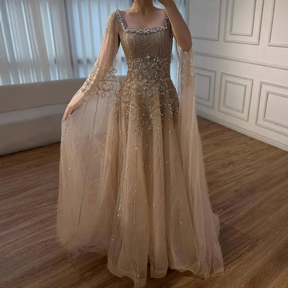 Caramel Beaded A-Line Evening Dress with Cape Sleeves LA73089A