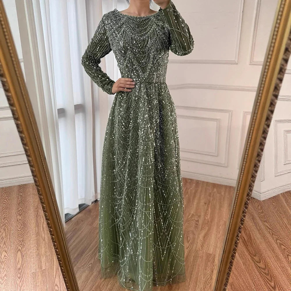 Olive Green Beaded A-Line Modest Evening Dress Plus Size LA72738B