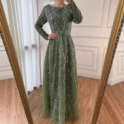 Olive Green Beaded A-Line Modest Evening Dress Plus Size LA72738B