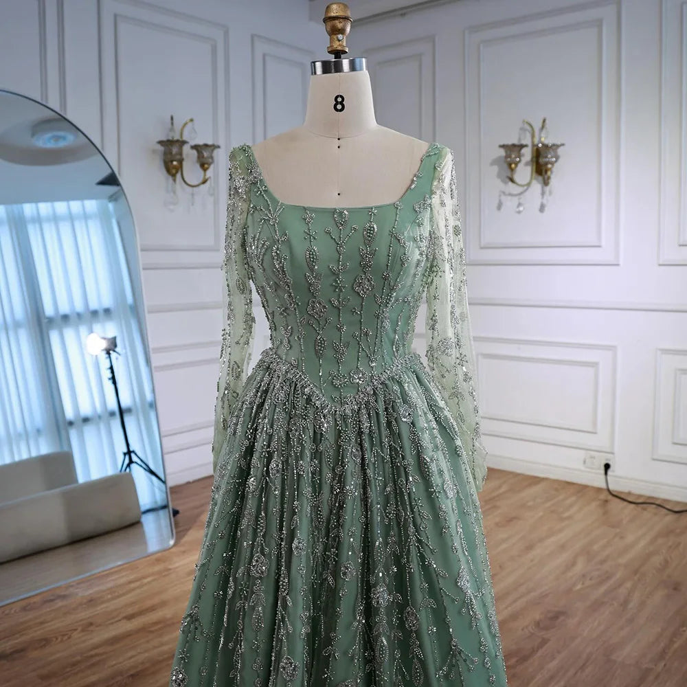 Modest Sage Green Beaded Evening Dress with Long Sleeve LA72805B