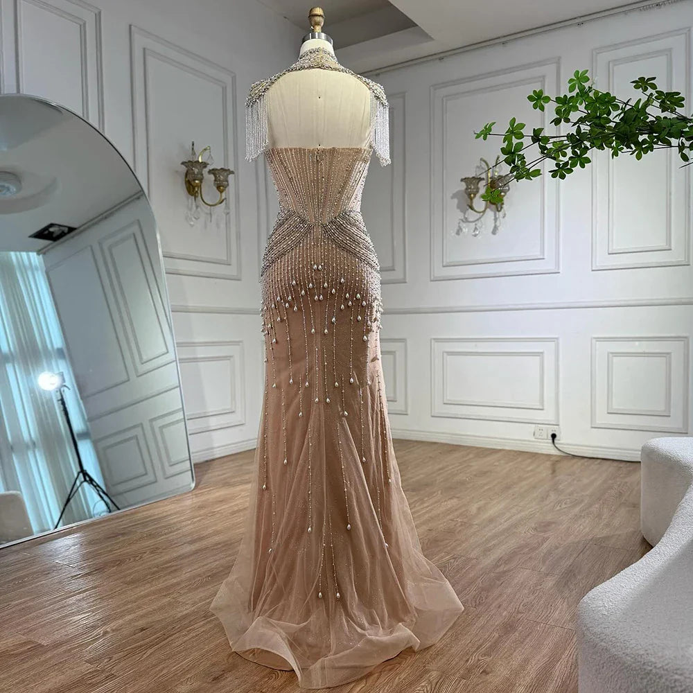 Nude Pearl Beaded Strapless Mermaid Evening Dress with Detachable Cape LA73183