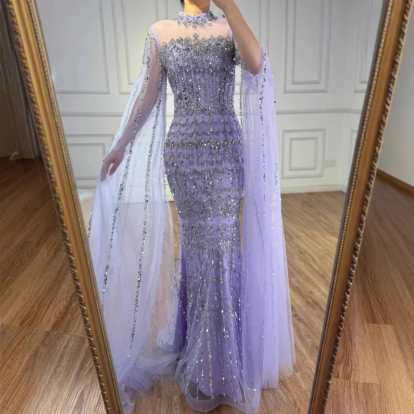 Nude Hand-Beading Evening Dress Cape Sleeve for Formal Night Wedding Party LA72714A
