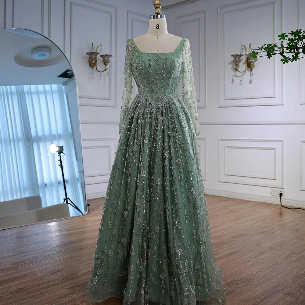Modest Sage Green Beaded Evening Dress with Long Sleeve LA72805B