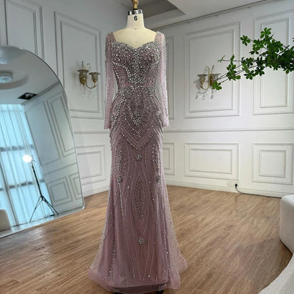 Luxury Nude Beaded Mermaid Evening Dress with Overskirt LA73190