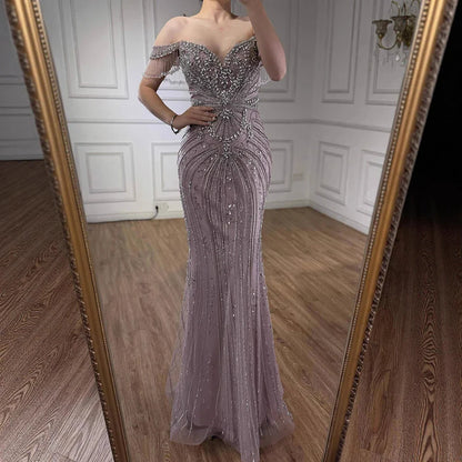 Luxury Pink Beaded Tassel Off-the-Shoulder Evening Dress Dubai Style LA73204
