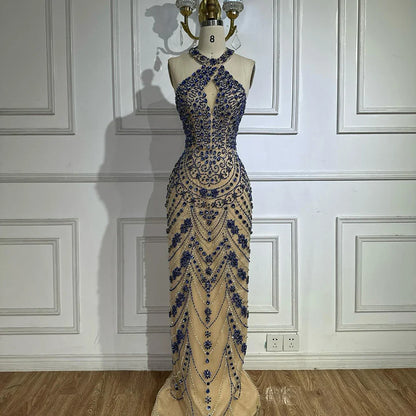 Luxury Blue Halter Crystal Beaded Evening Dress LA72760