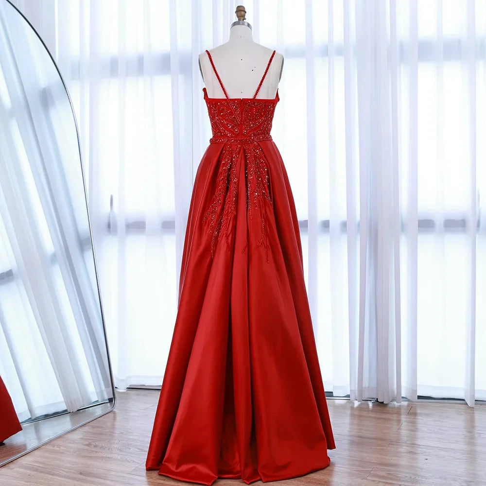 Red Beaded High Slit Evening Gown with Overskirt LA72936