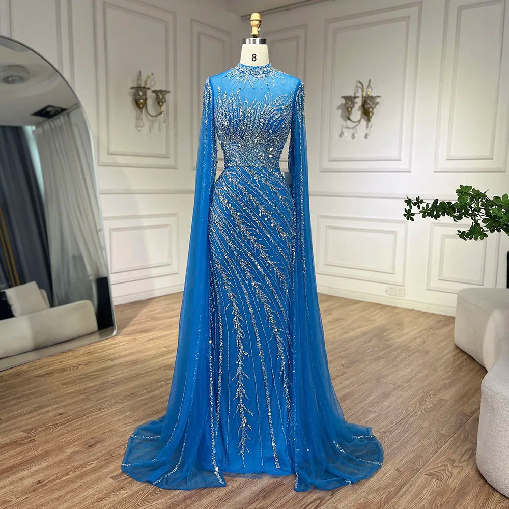 Luxury Modest Nude Mermaid Evening Dress with Cape Sleeves LA71885A