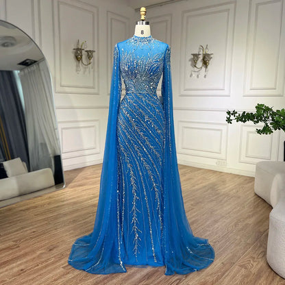 Luxury Modest Nude Mermaid Evening Dress with Cape Sleeves LA71885A