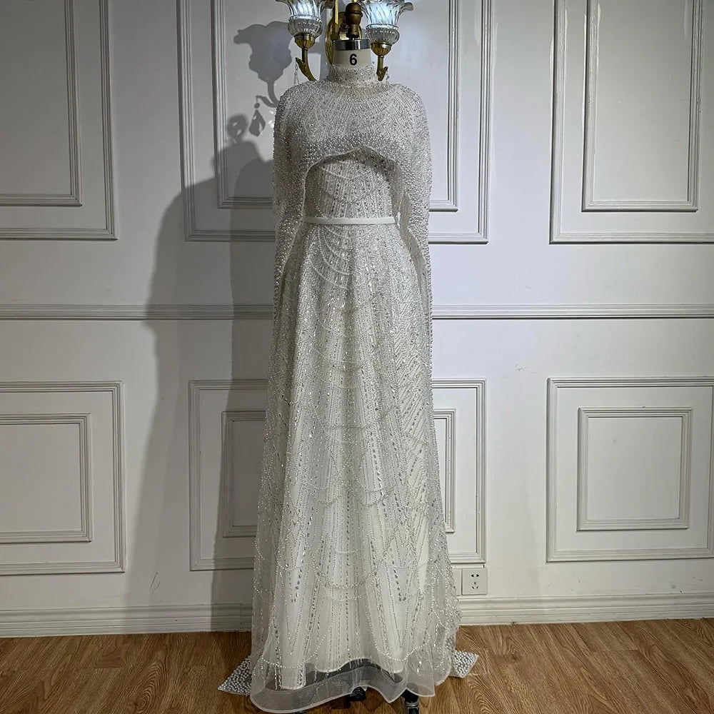 Luxury Modest Pink A-Line Evening Dress with Pearl and Cape LA72032B