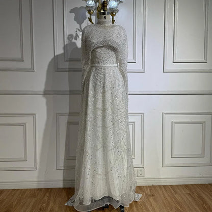 Luxury Modest Pink A-Line Evening Dress with Pearl and Cape LA72032B