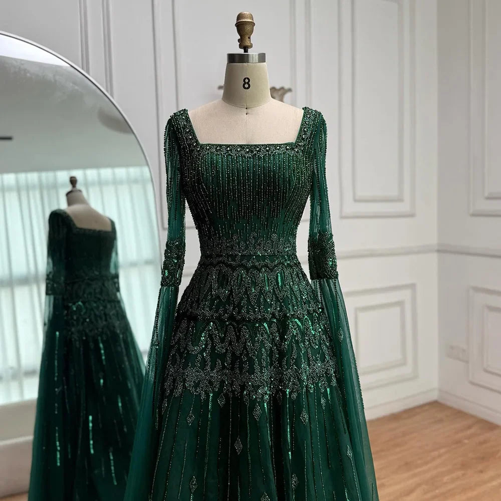 Green A-Line Beaded Evening Dress with Cape Sleeves LA73089