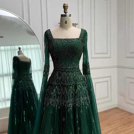 Green A-Line Beaded Evening Dress with Cape Sleeves LA73089
