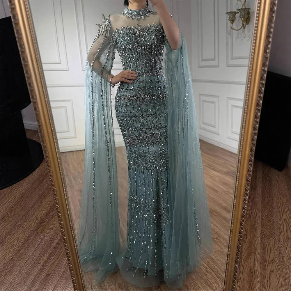 Nude Hand-Beading Evening Dress Cape Sleeve for Formal Night Wedding Party LA72714A