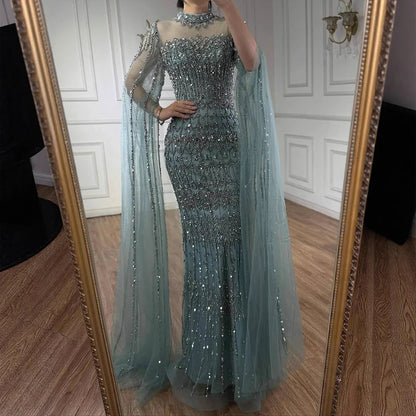 Nude Hand-Beading Evening Dress Cape Sleeve for Formal Night Wedding Party LA72714A