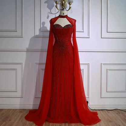 Red Beaded Mermaid Luxury Evening Dress with Cape LA72811A