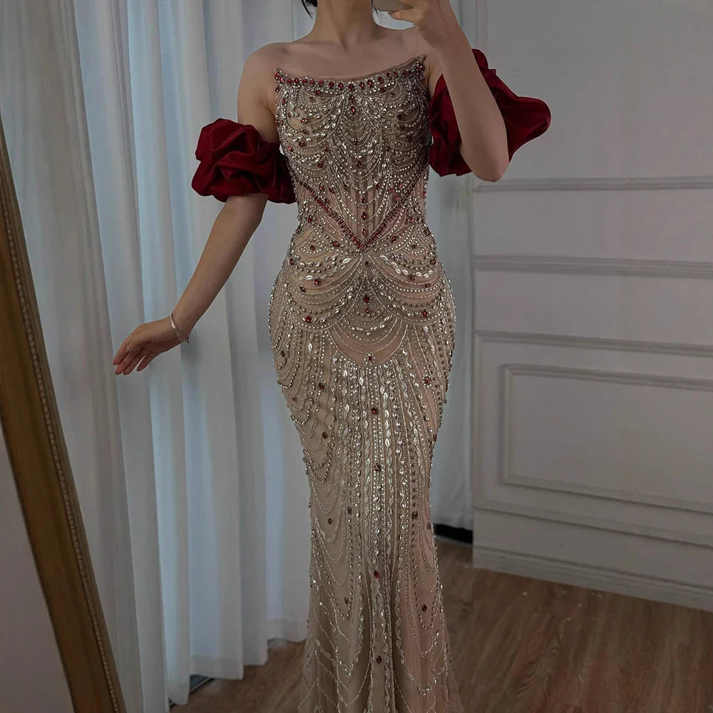 Luxury Red Beaded Evening Dress with Puff Sleeves Pearl Adorned LA72903