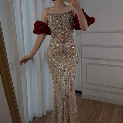 Luxury Red Beaded Evening Dress with Puff Sleeves Pearl Adorned LA72903