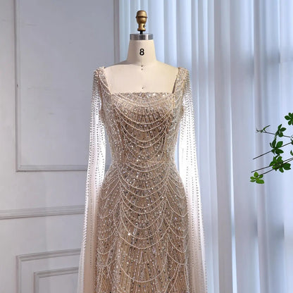 Arabic Turquoise Cape Sleeve Evening Dress Wedding Guest Gown Plus Size LA72590B