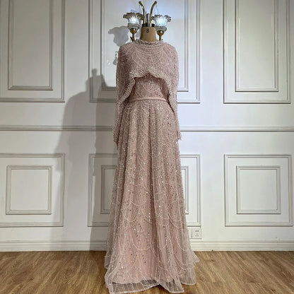 Luxury Modest Pink A-Line Evening Dress with Pearl and Cape LA72032B