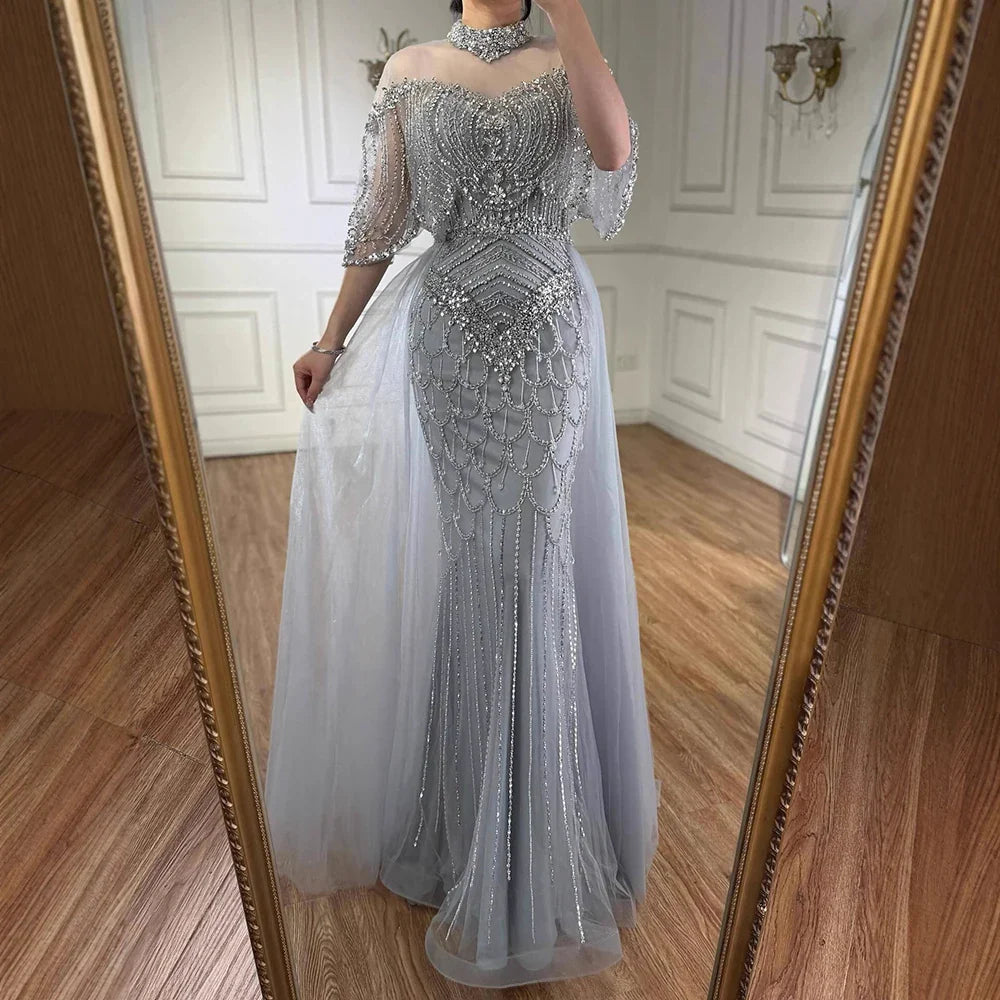 Luxury Nude Beaded Sleeveless Evening Dress with Cape LA73129